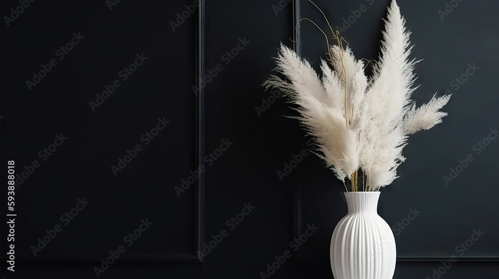 Vase with decorative plant branch against black wall background. Minimalist interior mockup. Generat