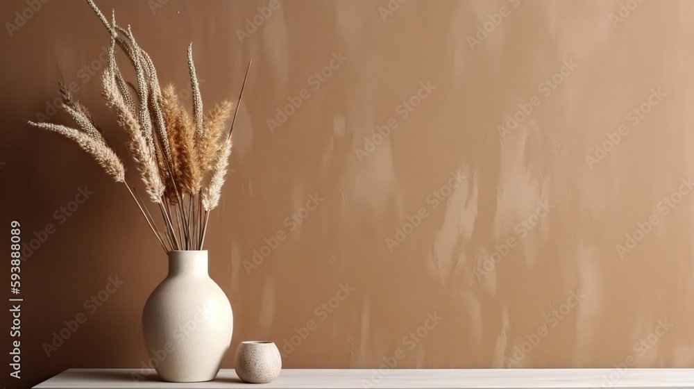 Vase with decorative dry plant branch against beige wall background. Minimalist interior mockup. Gen