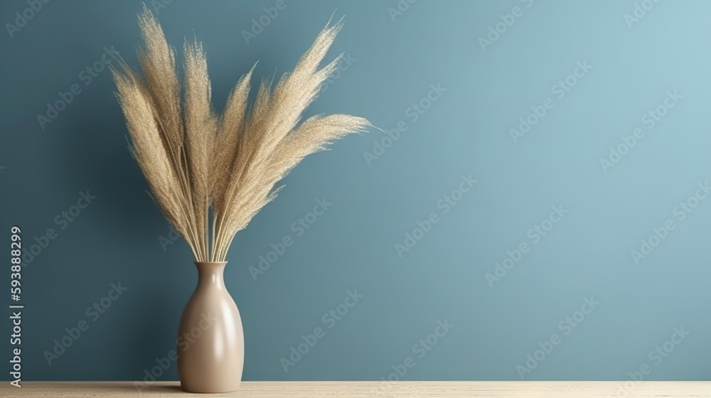 Vase with decorative plant branch against blue wall background. Minimalist interior mockup. Generati