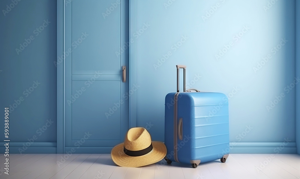 Blue travel suitcase with wheels, straw hat, on uniform blue background. Trip concept. Generative AI