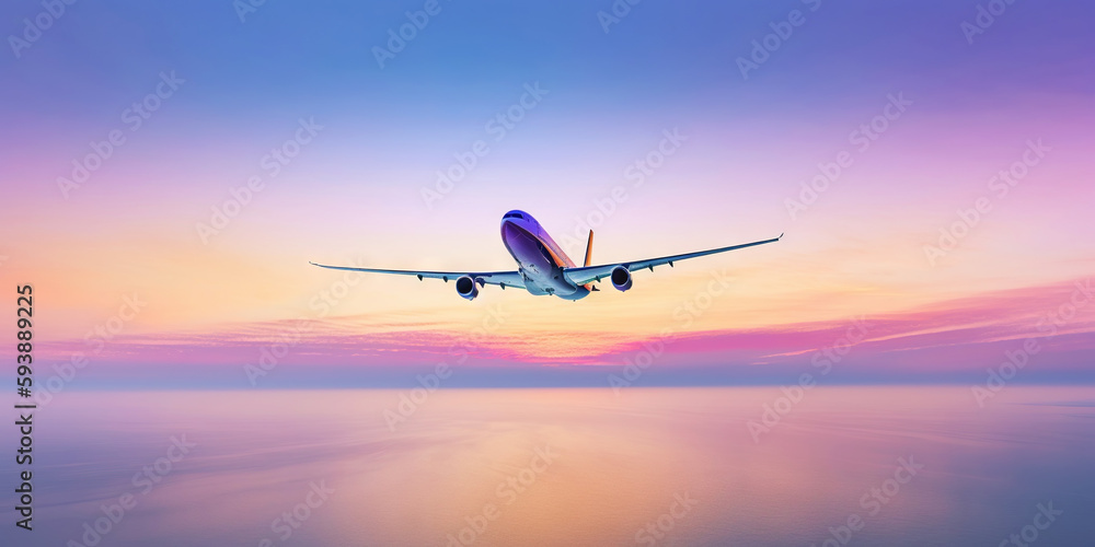 Passengers commercial airplane flying above sea surface on colorful paradise sunset. Airliner in fli