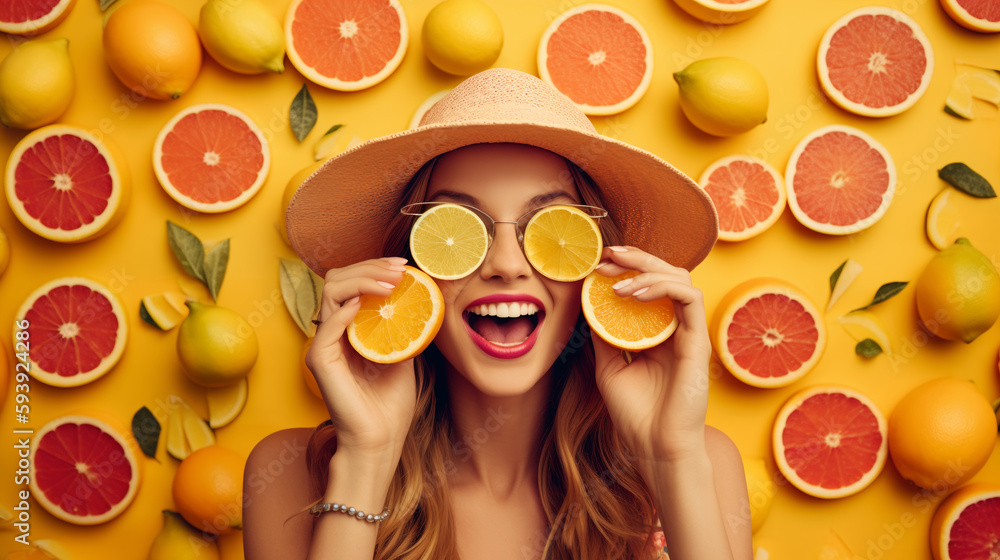 Funny girl smiling with lemon slice on hands and eyes. Summer and food concept.  Image Generative AI