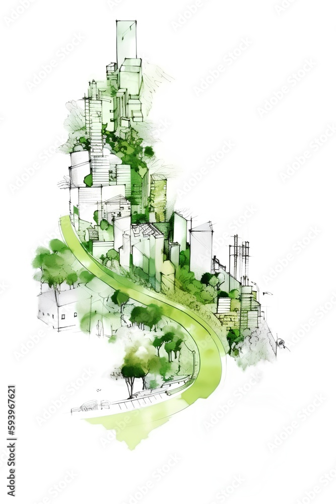 A sketch of an isolated green buildings promoting walkability and clean public infrastructure. The s