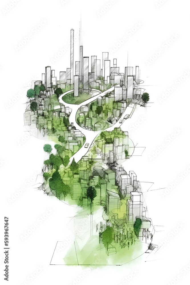 A sketch of an isolated green buildings promoting walkability and clean public infrastructure. The s