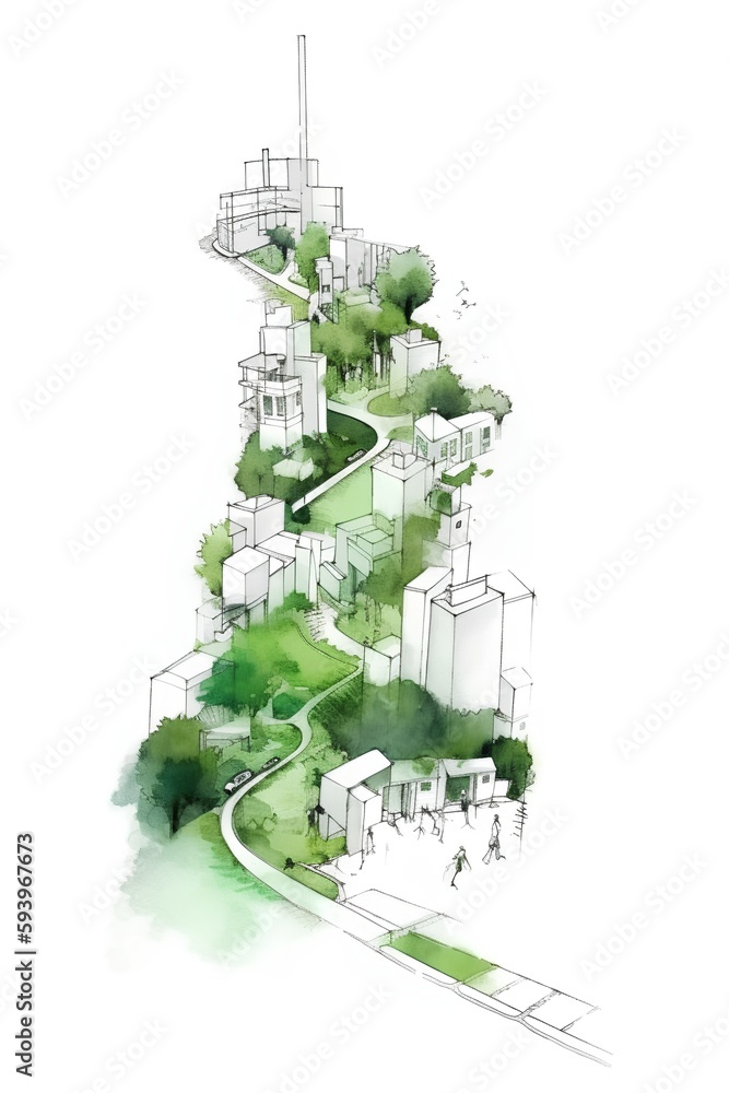 A sketch of an isolated green buildings promoting walkability and clean public infrastructure. The s