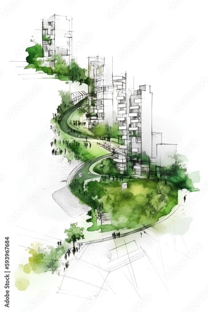 A sketch of an isolated green buildings promoting walkability and clean public infrastructure. The s