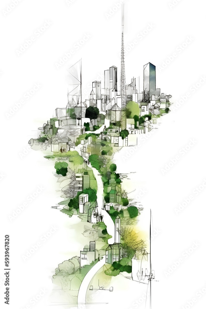 A sketch of an isolated green buildings promoting walkability and clean public infrastructure. The s