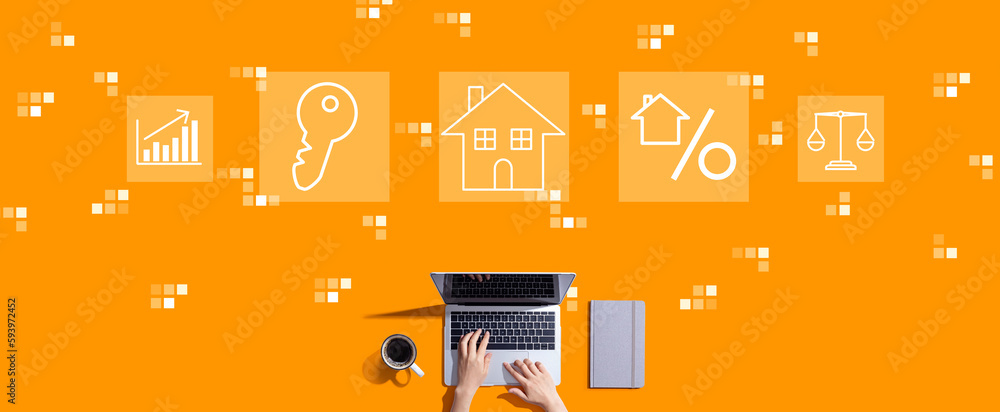 Real estate theme with person working with a laptop