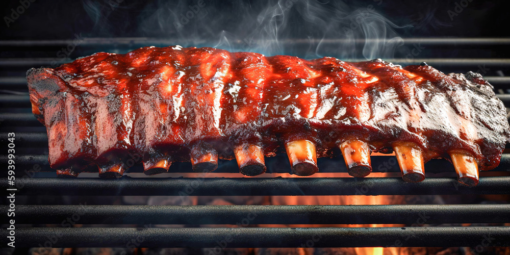 BBG ribs cooking on flaming grill shot with selective focus. Digital art