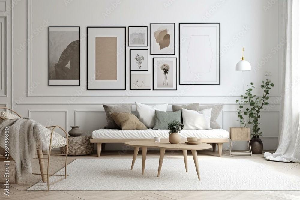 Frame mockup in Scandinavian living room interior, 3d render. Generative AI