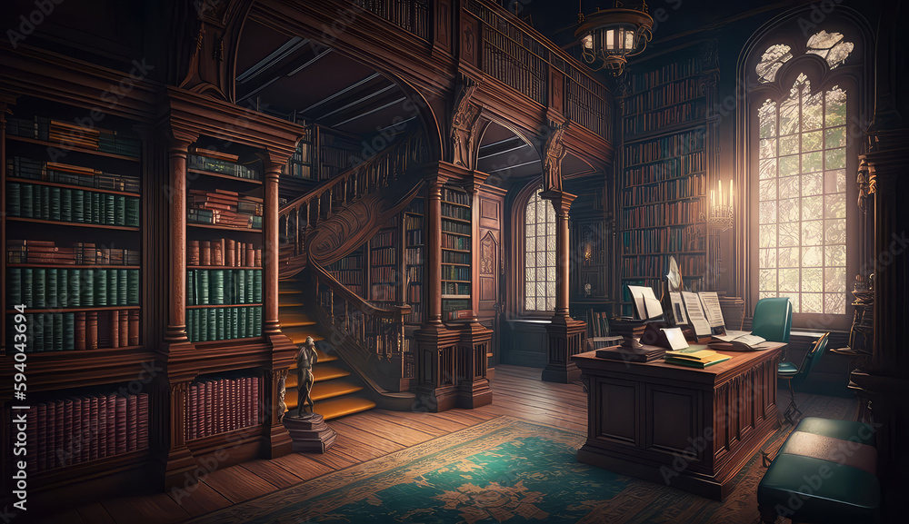 Old library with a lot of bookshelves, cabinet with many books digital illustration, magical archive