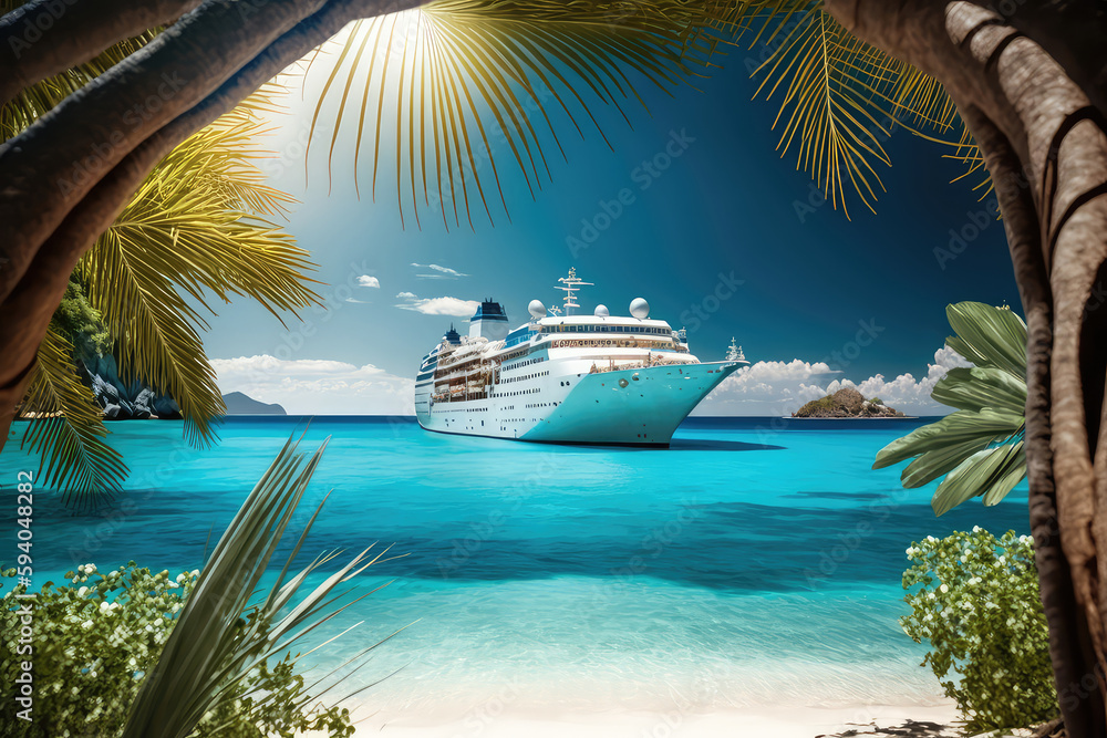 Digital painting of Cruise To Caribbean With Palm tree On Coral Beach (ai generated)