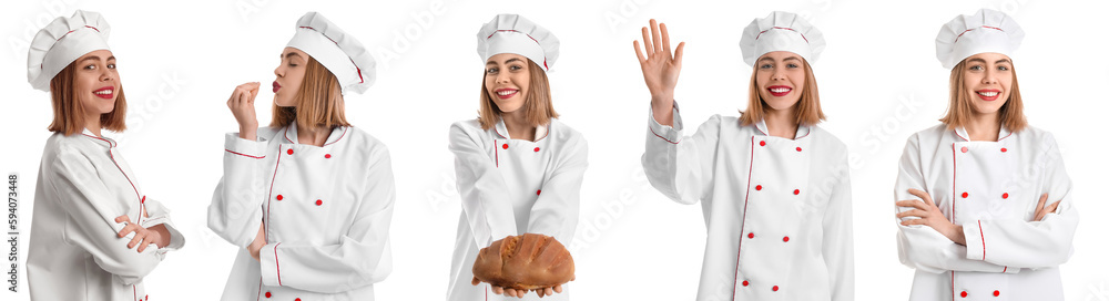 Collage of young female baker on white background