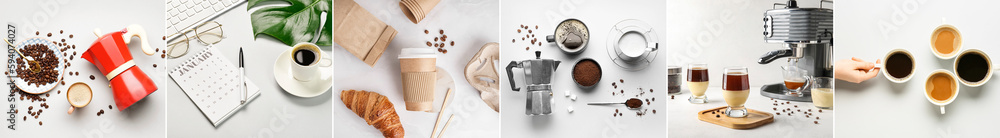 Collage of cups with coffee, roasted beans and pots for brewing on light background