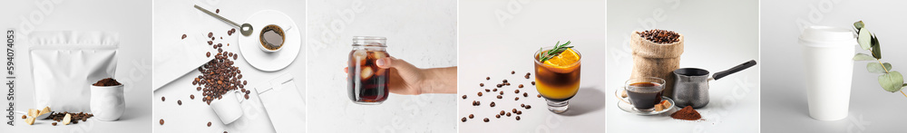 Collage of cups with coffee, roasted beans and cold cocktails on light background