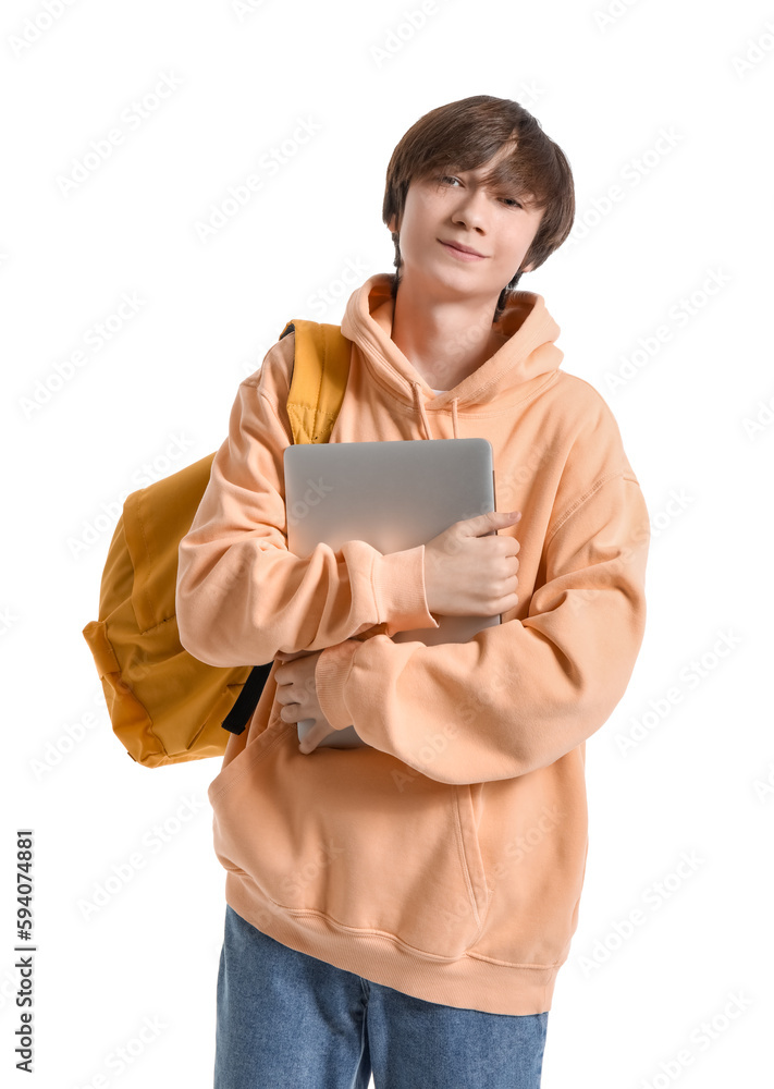 Male student with laptop and backpack on white background