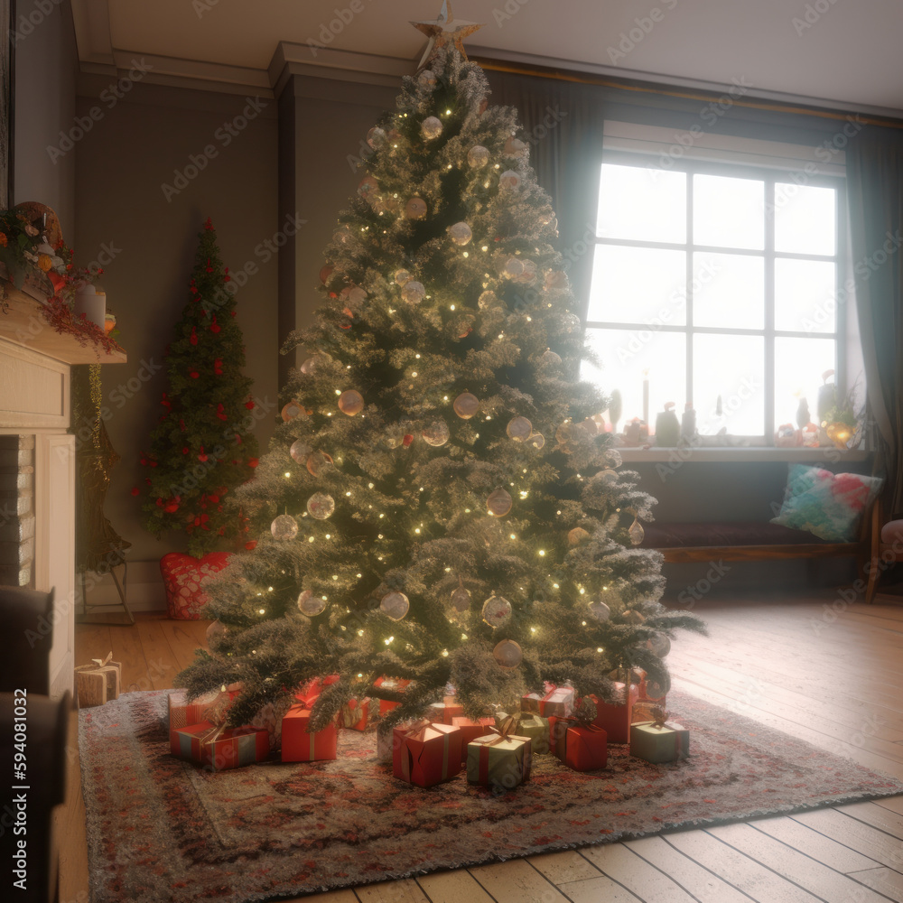 Christmas tree background. Illustration AI Generative.