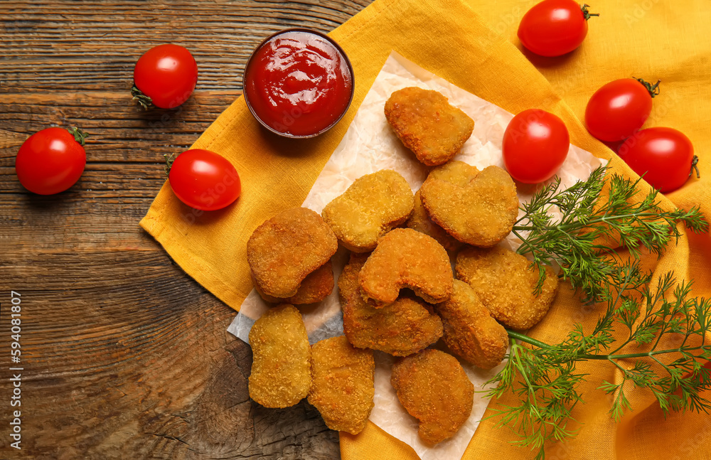 Heap of tasty nuggets with ketchup on wooden background