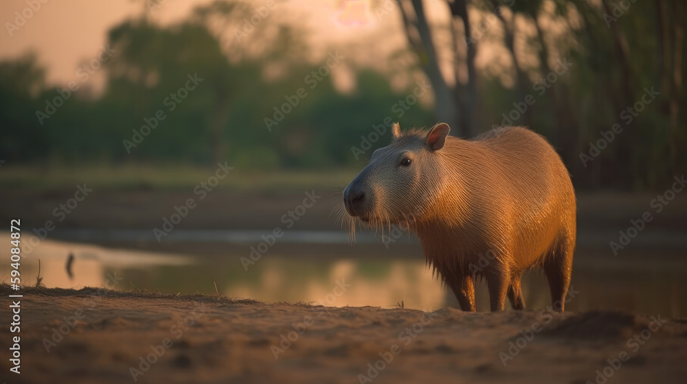 Cute capybara in nature. Illustration AI Generative.