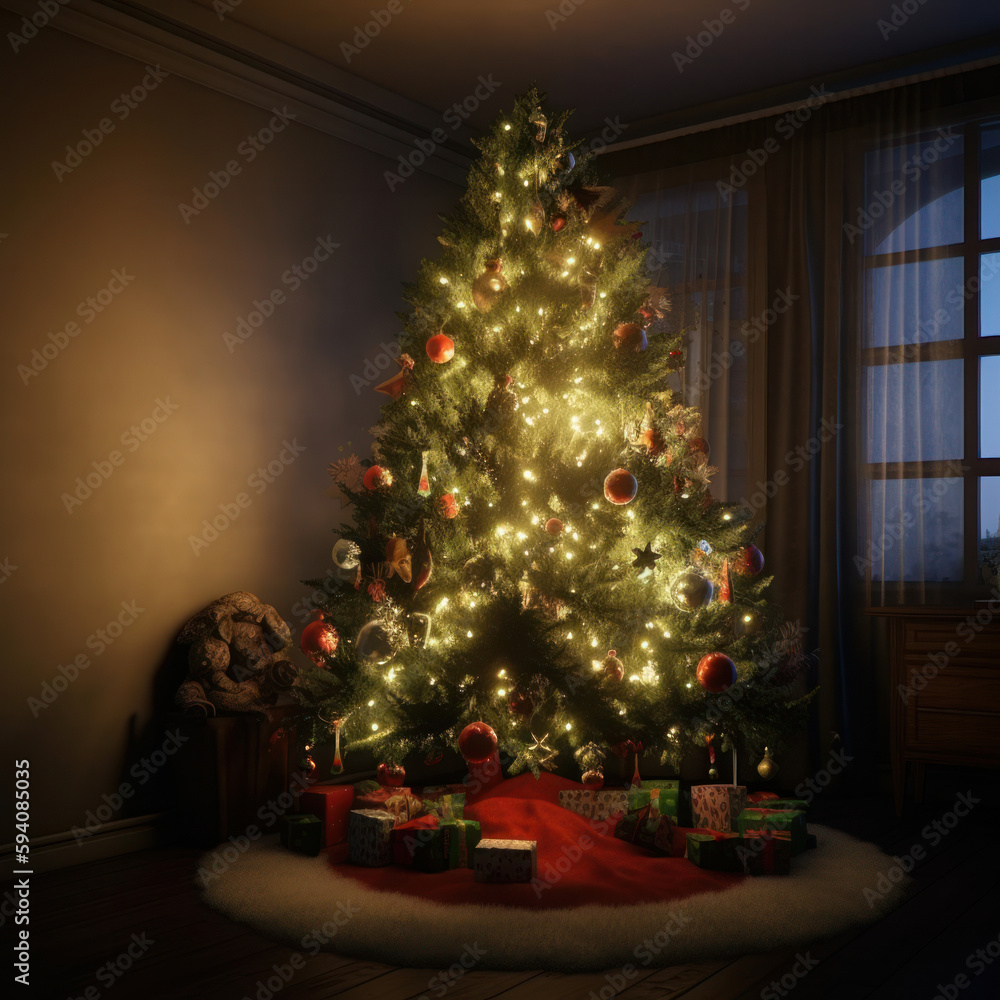 Christmas tree background. Illustration AI Generative.