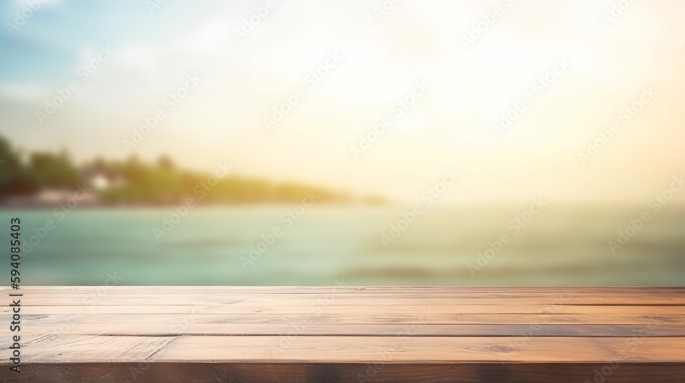 Nature background with wood table. Illustration AI Generative.