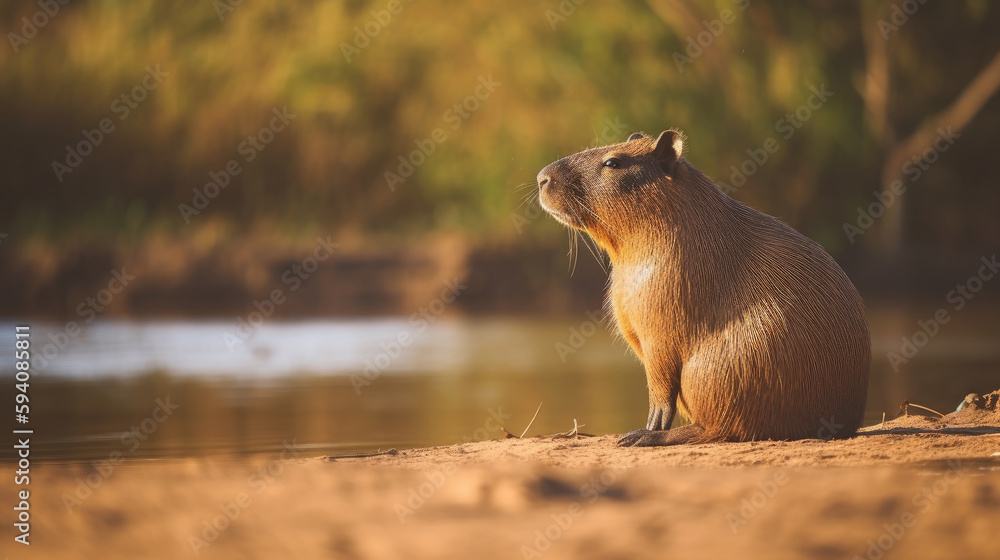 Cute capybara in nature. Illustration AI Generative.