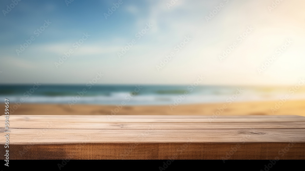 Nature background with wood table. Illustration AI Generative.