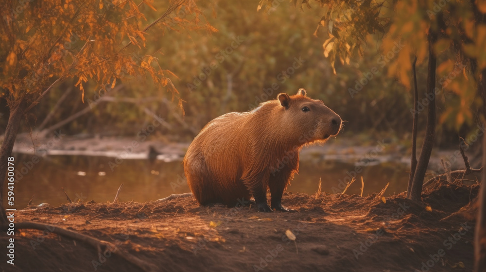 Cute capybara in nature. Illustration AI Generative.