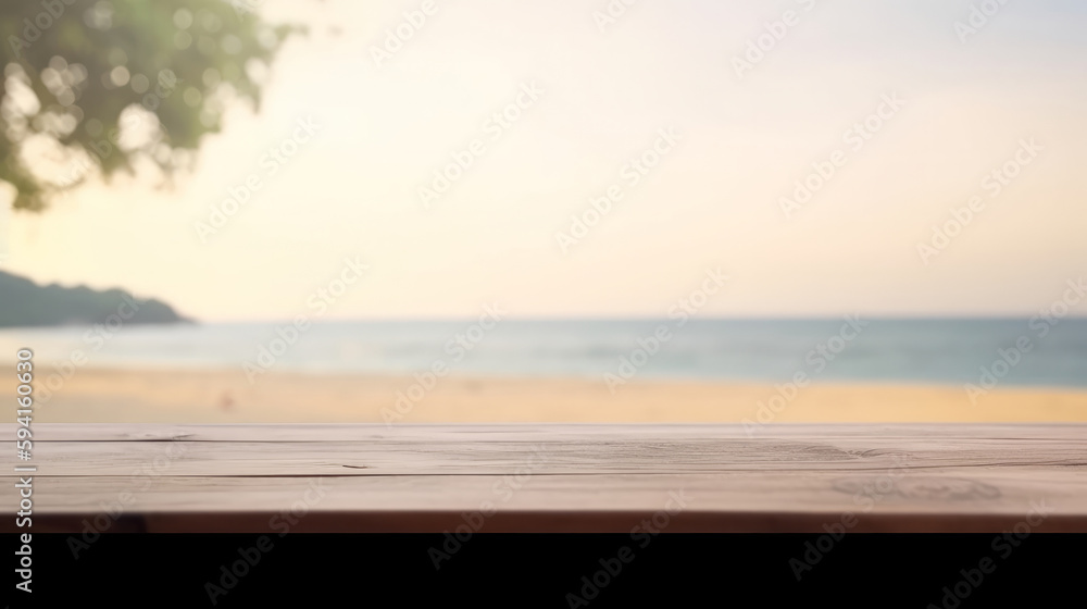 Nature background with wood table. Illustration AI Generative.