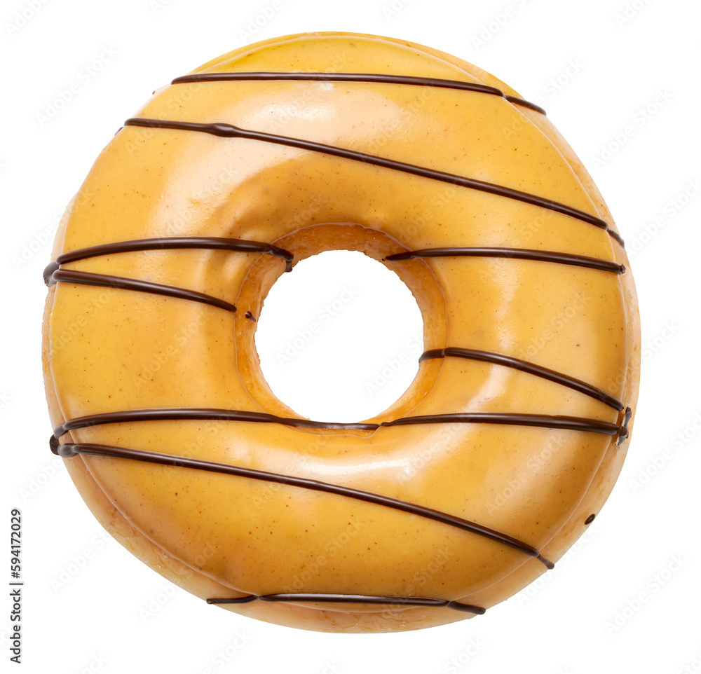 Sweet peanut butter stripes donuts with chocolate on white background, Delicious peanut butter strip