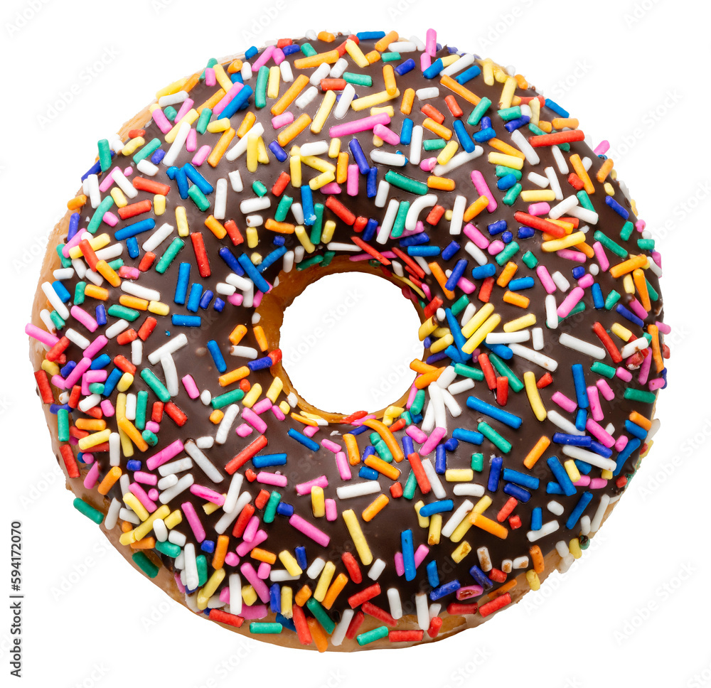 Sweet chocolate iced donuts with sprinkles on white background, Delicious colorful chocolate donuts 