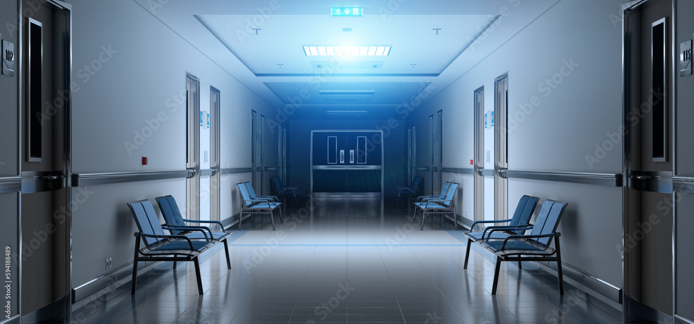 Long dark hospital corridor with rooms and seats 3D rendering. Empty accident and emergency interior