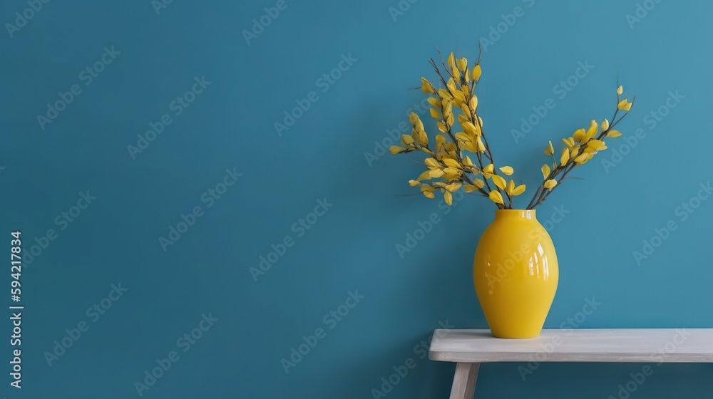 Vase with decorative plant branch against blue wall background. Minimalist interior mockup. Generati