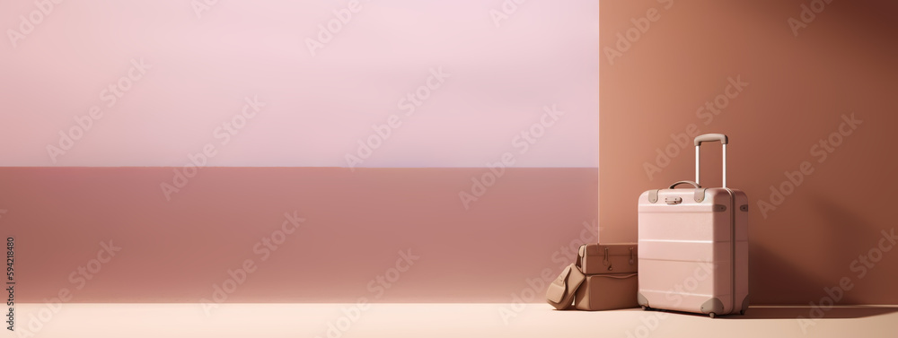 Sandy travel suitcase, on beige background. Trip concept. Generative AI