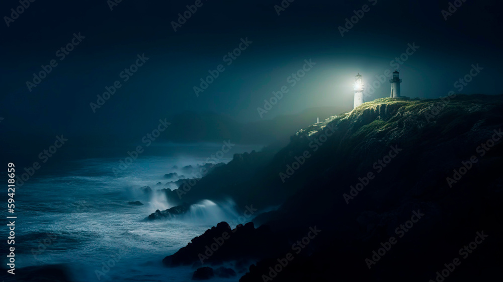 Lighthouse on a cliff edge in stormy and misty weather. Night landscape. Generative AI