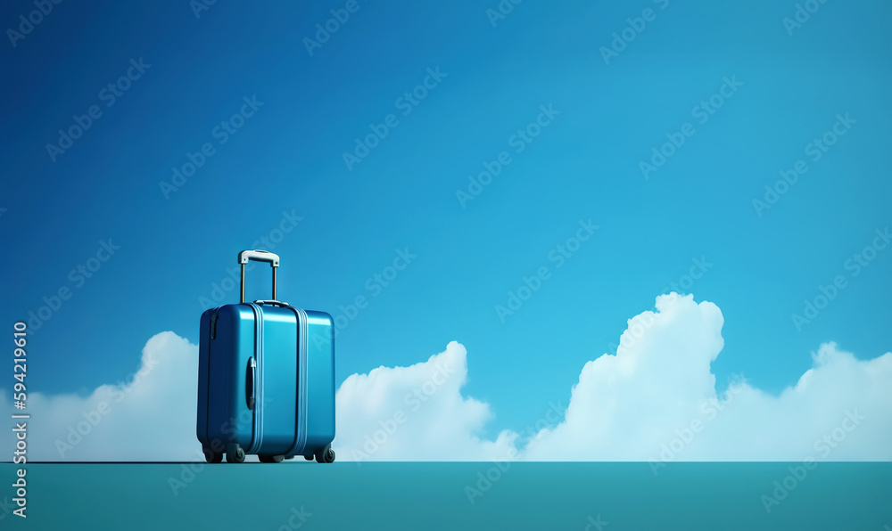 Blue travel suitcase with wheels, on blue background with clouds. Trip concept. Generative AI