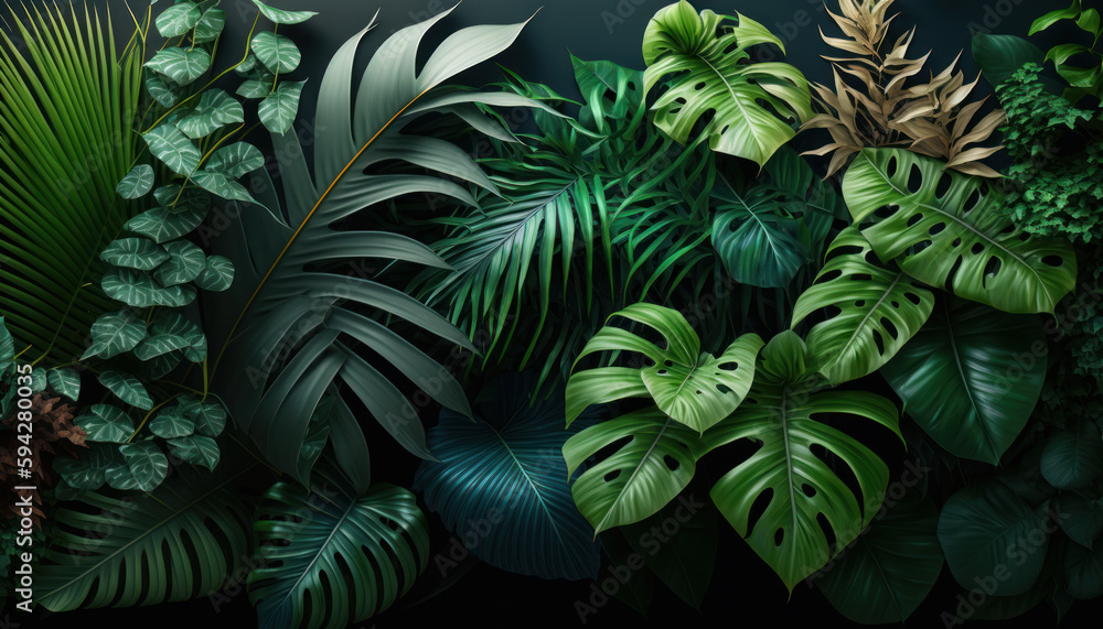 Vertical garden with tropical green leaf, contrast ai generated