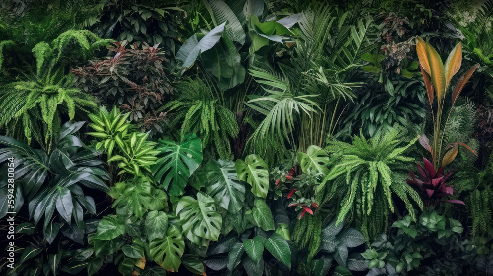 Vertical garden with tropical green leaf, contrast ai generated