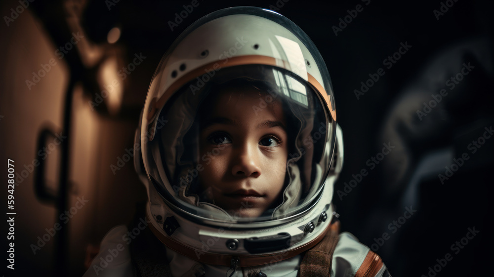 Little kid wearing spacesuit. Cosmonaut concept. Ai generated.