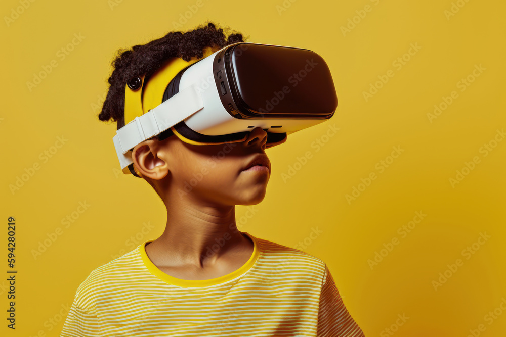 Child wearing VR glasses and wandering in the imagination. Ai generated.