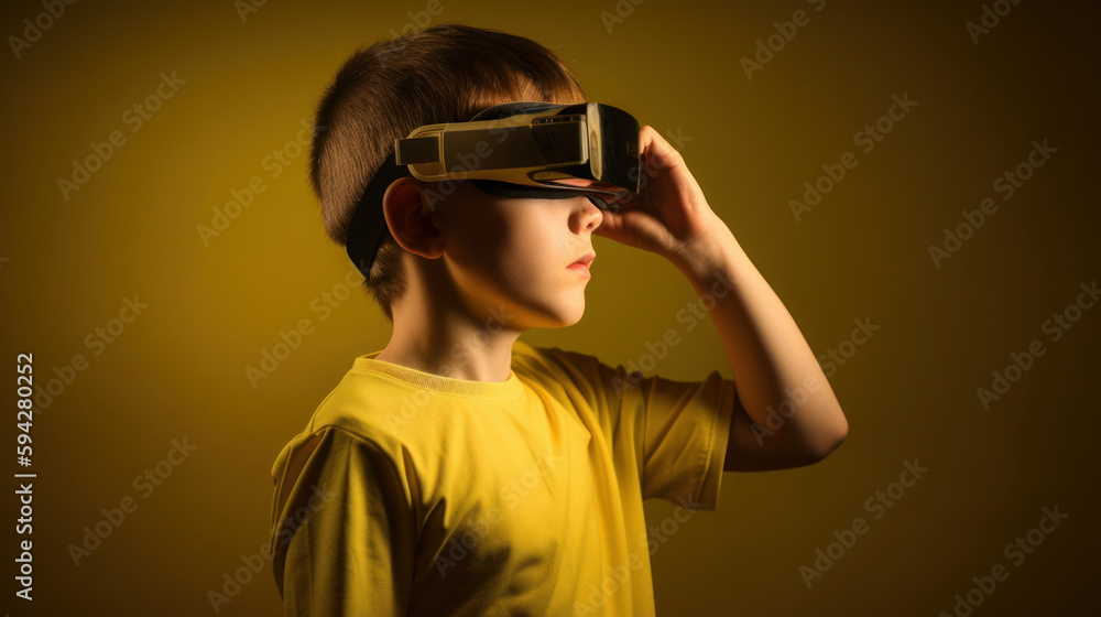 Child wearing VR glasses and wandering in the imagination. Ai generated.