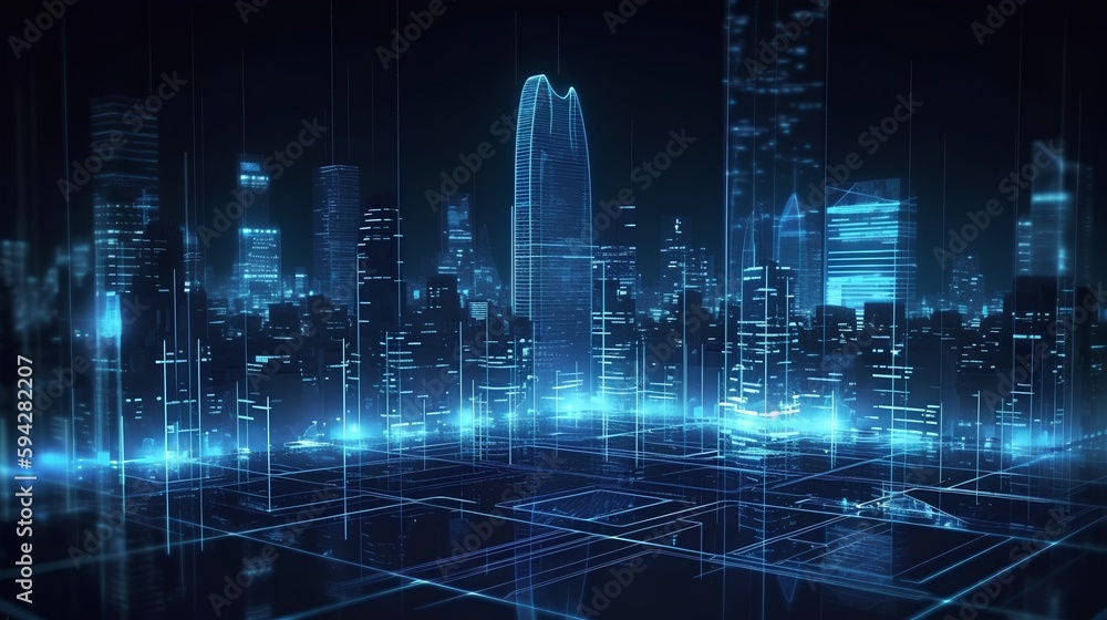 Smart city on a dark blue background, featuring intelligent infrastructure and connected buildings. 