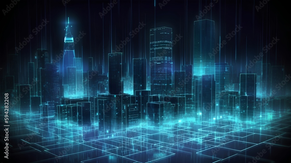 Smart city on a dark blue background, featuring intelligent infrastructure and connected buildings. 