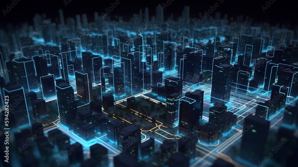 Smart city on a dark blue background, featuring intelligent infrastructure and connected buildings. 