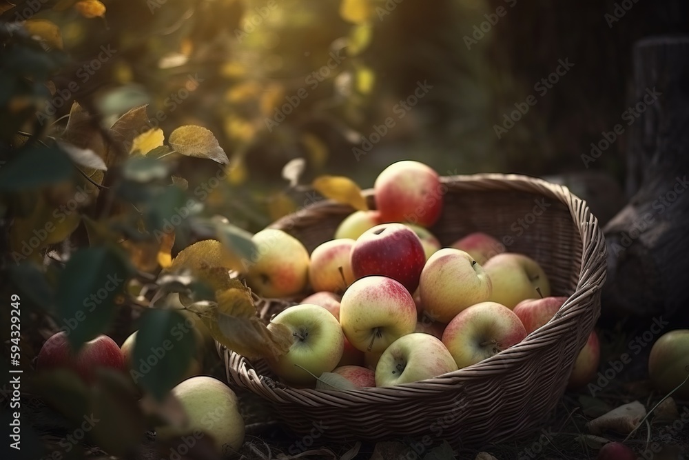  a basket full of apples sitting on the ground next to a tree in a forest with leaves on the ground 