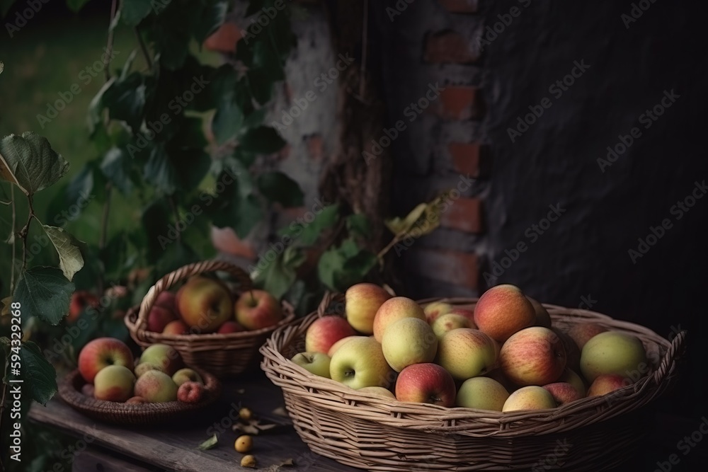  two baskets of apples sitting on a table next to a bushel of leaves and a brick wall with ivy growi