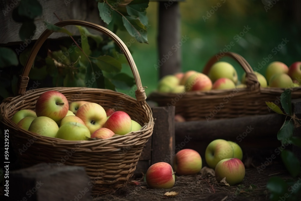  a basket of apples sitting next to a pile of apples on a table outside in the sun, with other apple