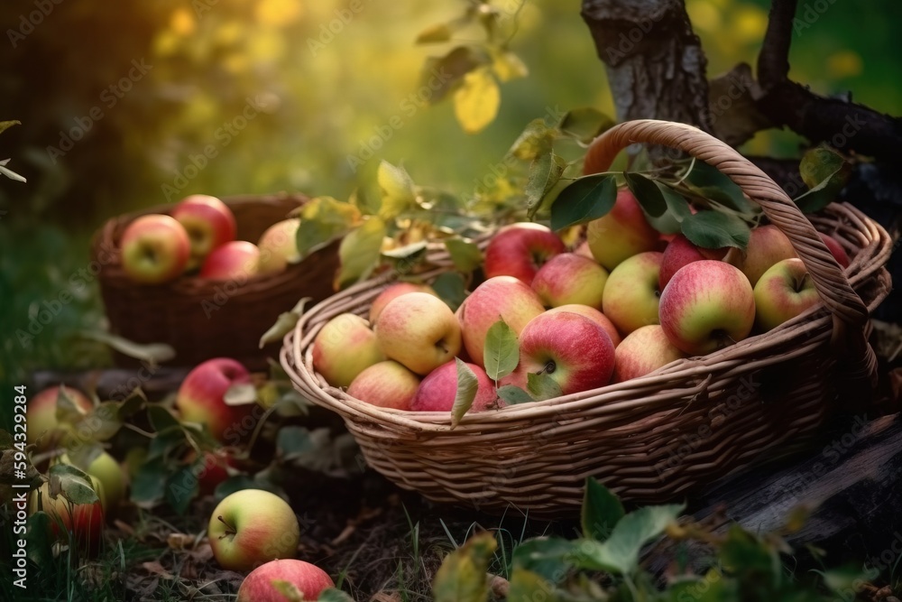  a basket full of apples sitting on the ground next to a tree in a forest with other apples in the g