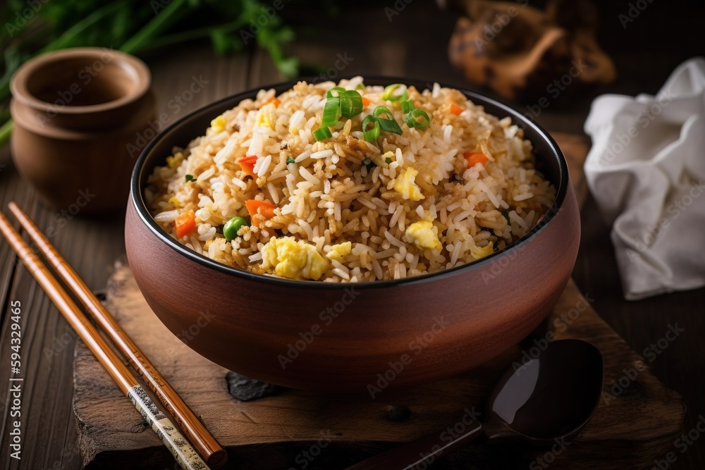  a bowl of rice with chopsticks on a wooden table next to a bowl of rice and chopsticks on a wooden 