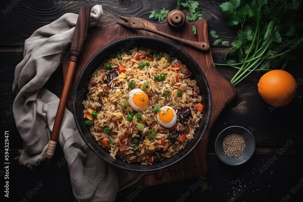  a bowl of rice with eggs and vegetables on a wooden board next to an orange and some parsley on the